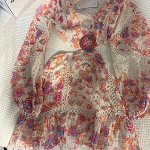 HEMANT & NANDITA Pink and Ivory Tie-Tag Dress with Floral Print